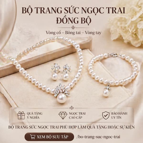 Bộ trang sức ngọc trai đồng bộ gồm vòng cổ, bông tai và vòng tay