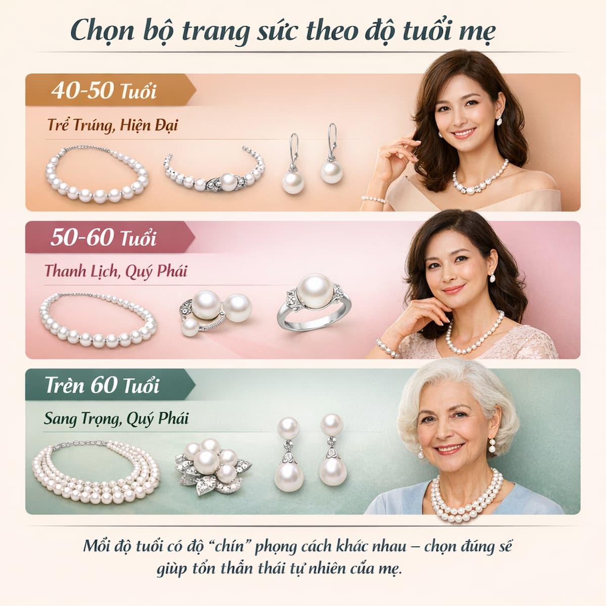 Gợi ý bộ trang sức ngọc trai theo từng độ tuổi 40 đến 60 cho mẹ