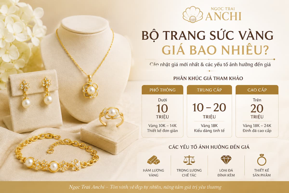 Bộ trang sức vàng gồm dây chuyền nhẫn bông tai và lắc tay với nhiều phân khúc giá khác nhau