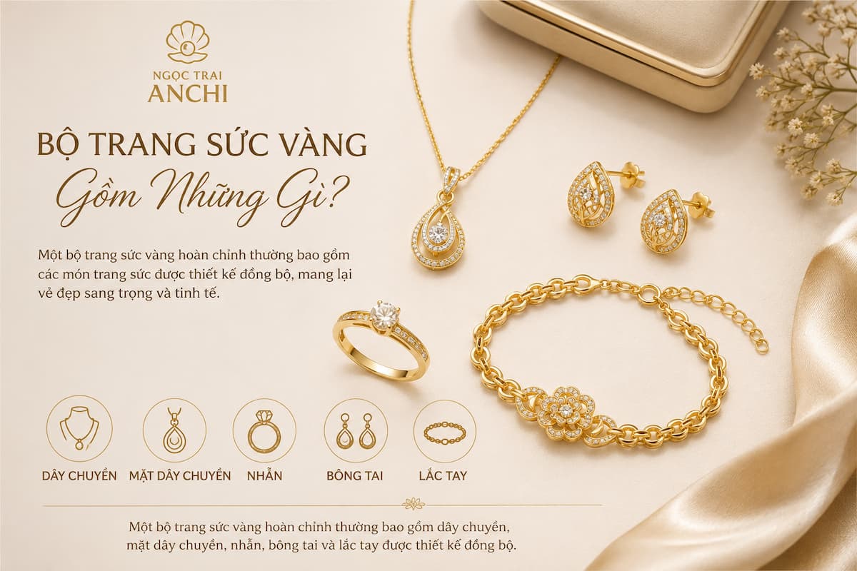 Bộ trang sức vàng hoàn chỉnh gồm dây chuyền nhẫn bông tai và lắc tay