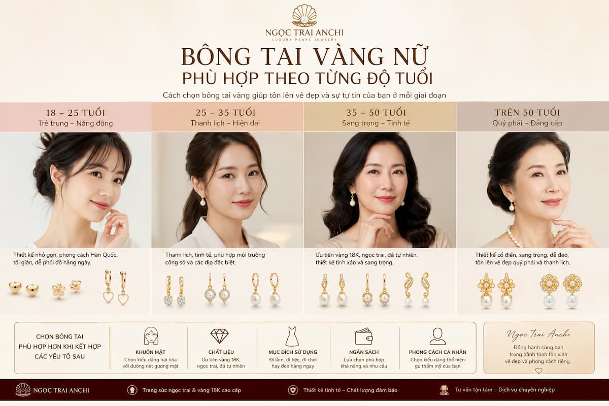 Cách chọn bông tai vàng nữ theo từng độ tuổi từ trẻ trung đến trung niên