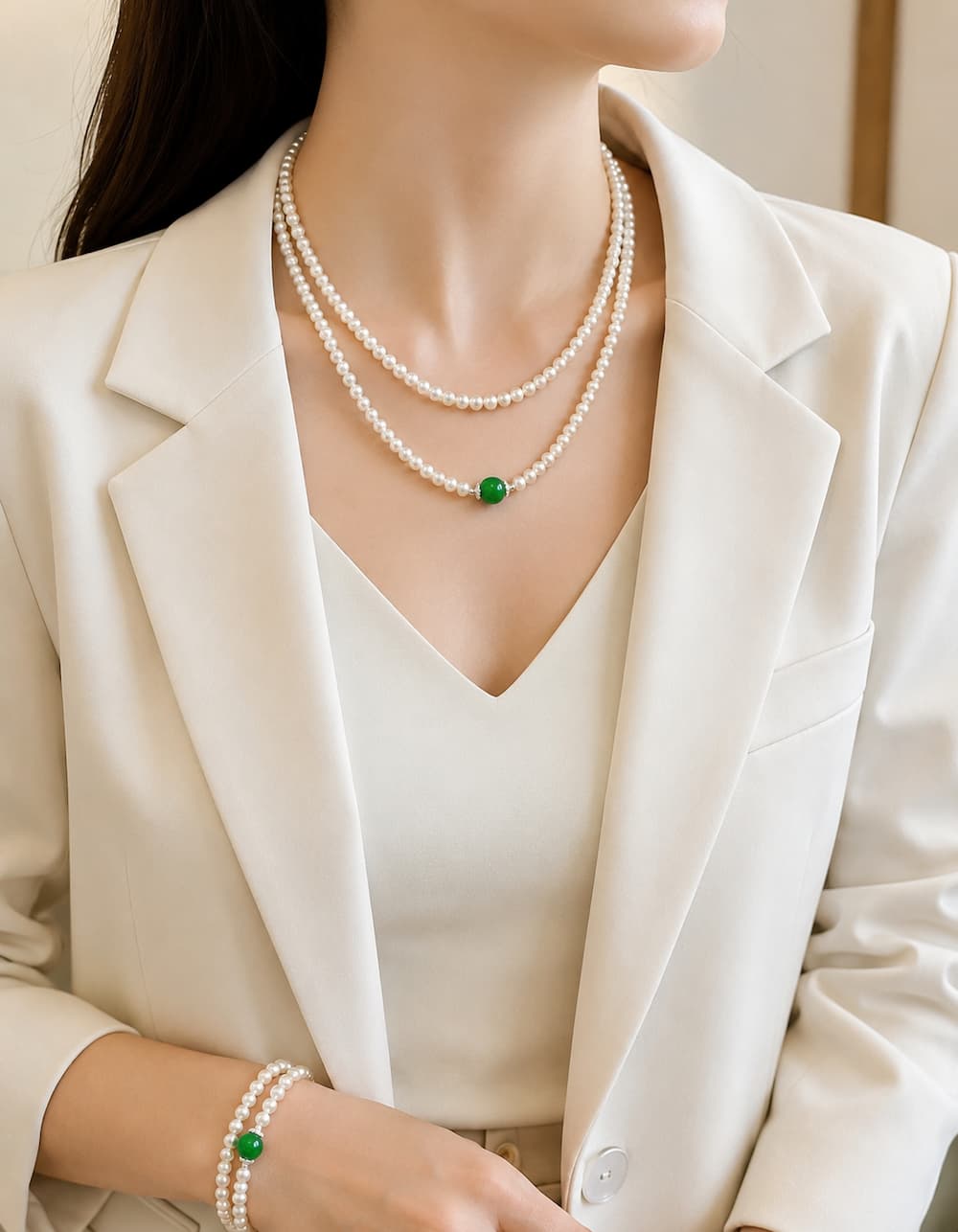 Bộ trang sức ngọc trai BTSNT252 phối blazer cổ V phong cách office elegance
