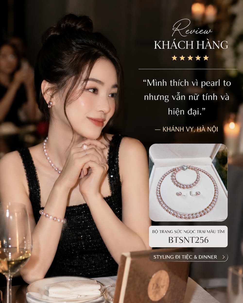 Khách hàng Khánh Vy đeo Bộ Trang Sức Ngọc Trai Màu Tím BTSNT256 khi đi tiệc với phong cách feminine luxury hiện đại