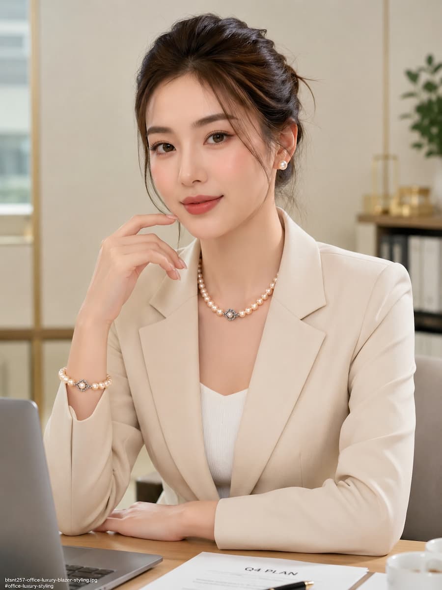 Bộ Trang Sức Ngọc Trai Màu Hồng BTSNT257 phối blazer kem theo phong cách office luxury nữ tính