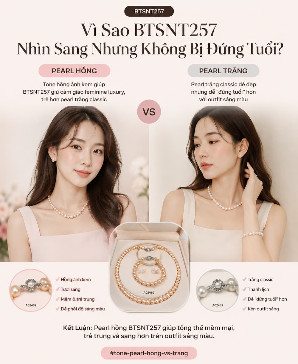 Bộ Trang Sức Ngọc Trai Màu Hồng BTSNT257 giúp outfit mềm và trẻ hơn pearl trắng truyền thống