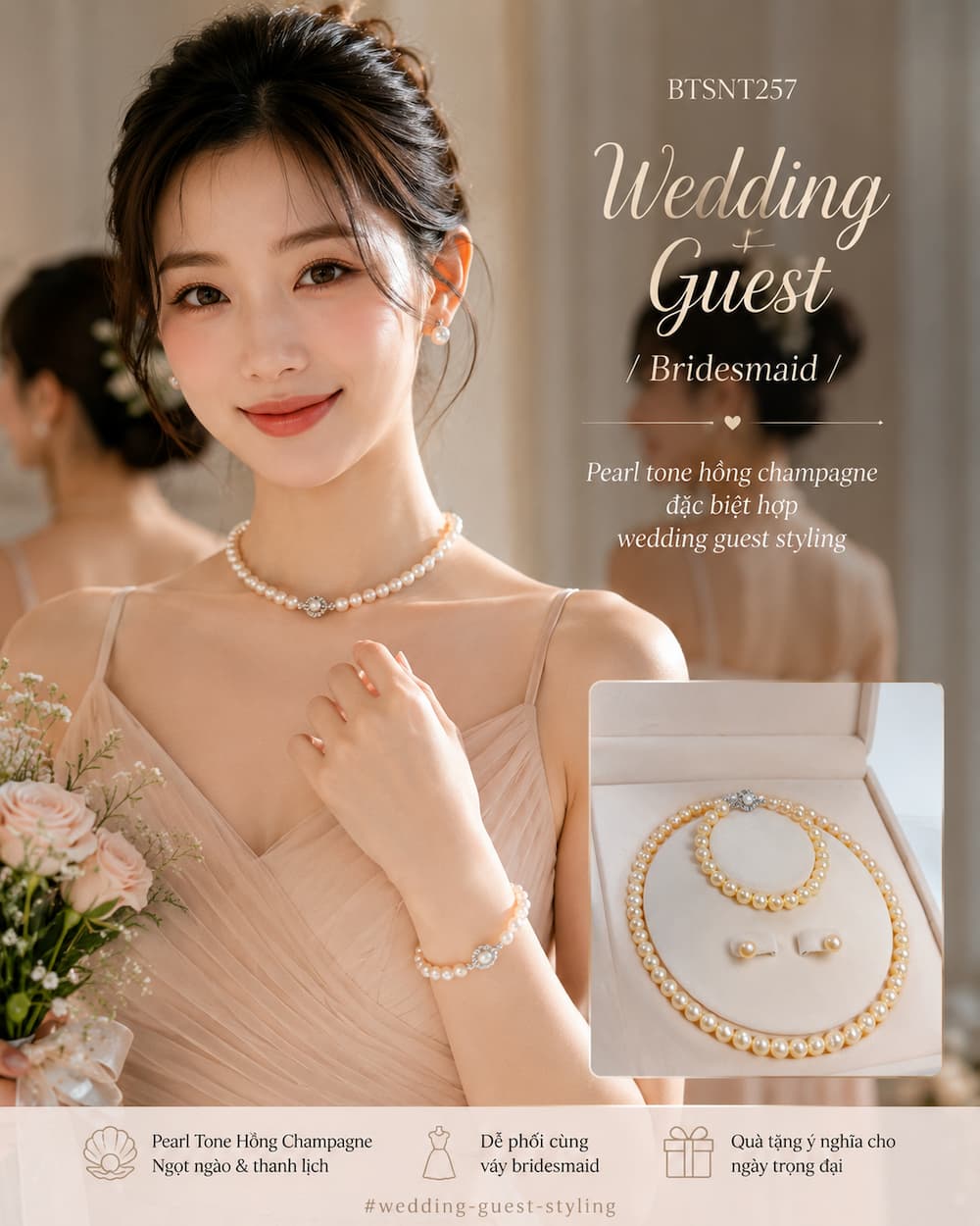 Bộ Trang Sức Ngọc Trai Màu Hồng BTSNT257 phối váy bridesmaid champagne feminine luxury