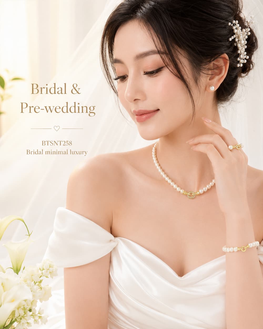BTSNT258 ngọc trai trắng phong cách bridal tối giản sang trọng