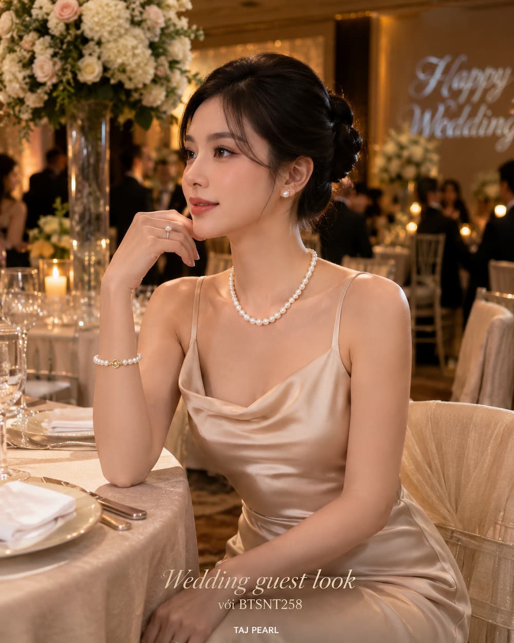 BTSNT258 ngọc trai trắng phối váy satin dự tiệc cưới sang trọng