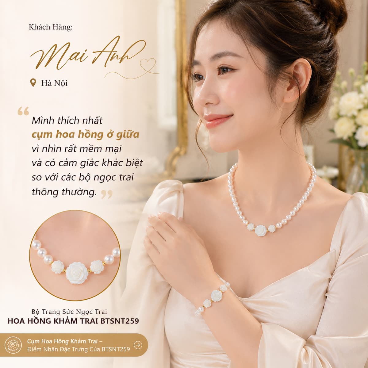 Khách hàng Mai Anh đeo Bộ Trang Sức Ngọc Trai Freshwater Trắng Hoa Hồng Khảm Trai BTSNT259 với điểm nhấn hoa hồng khảm trai nữ tính