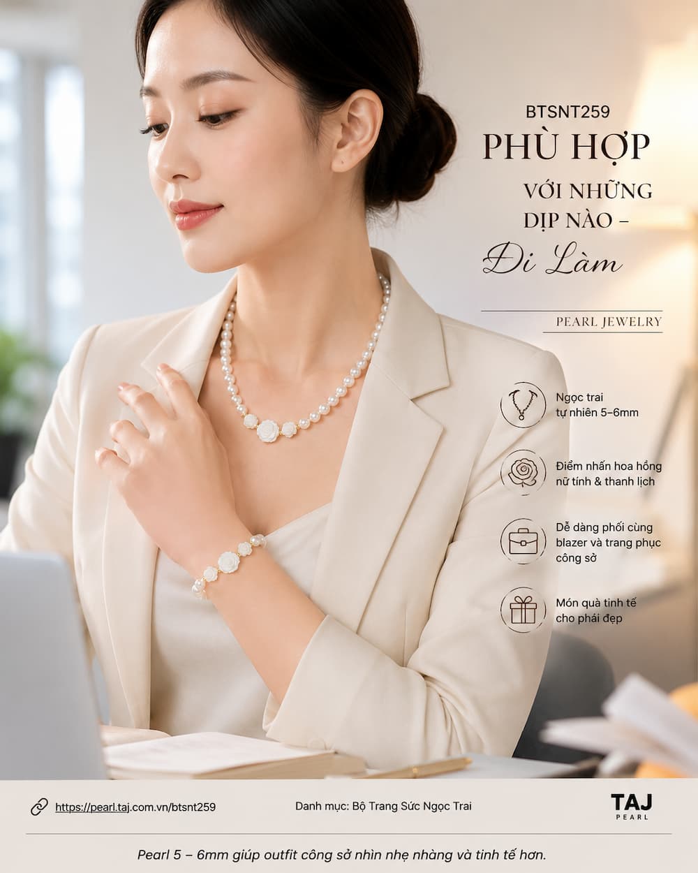 Bộ Trang Sức Ngọc Trai BTSNT259 phối blazer công sở thanh lịch
