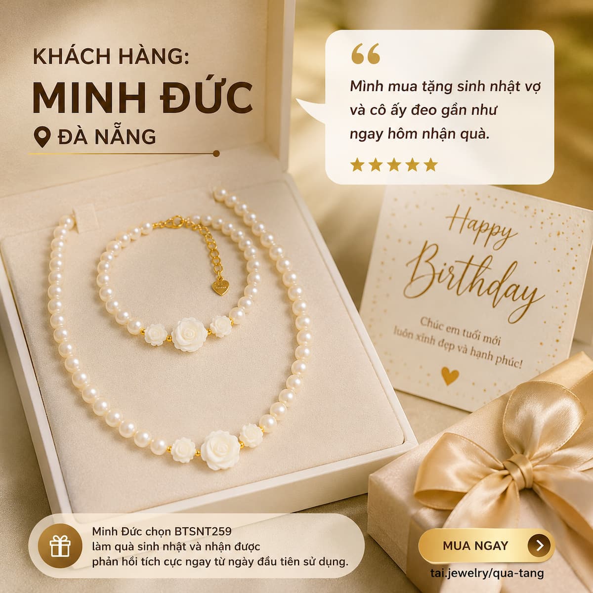 Bộ Trang Sức Ngọc Trai Freshwater Trắng Hoa Hồng Khảm Trai BTSNT259 được khách hàng Minh Đức chọn làm quà tặng sinh nhật cho vợ