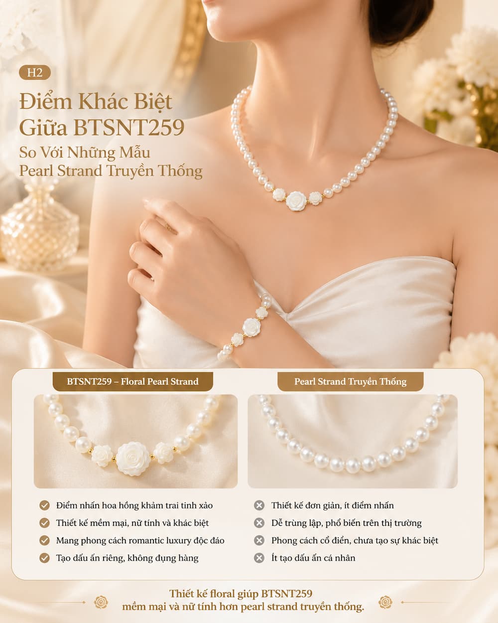 Bộ Trang Sức Ngọc Trai BTSNT259 phong cách romantic luxury với hoa hồng khảm trai