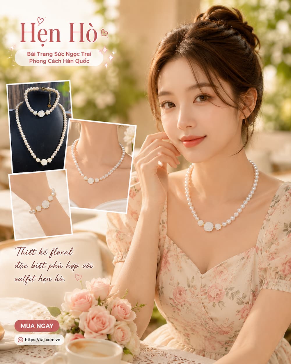 Bộ Trang Sức Ngọc Trai BTSNT259 phối váy hoa phong cách Hàn Quốc nữ tính