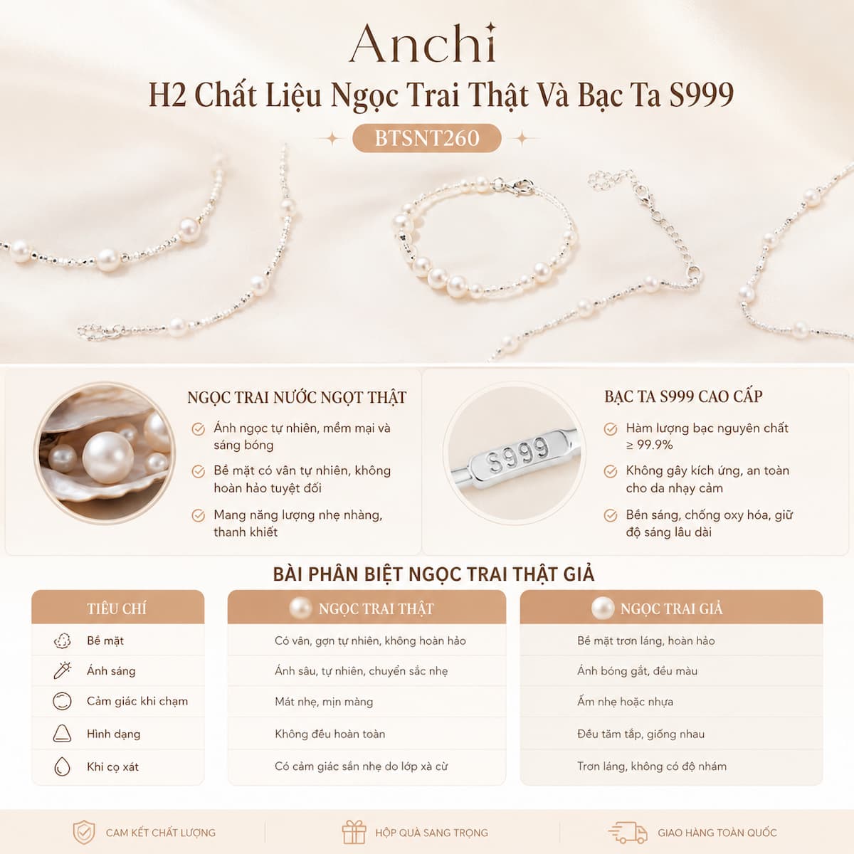 Chất liệu ngọc trai nước ngọt thật và bạc ta S999 của BTSNT260
