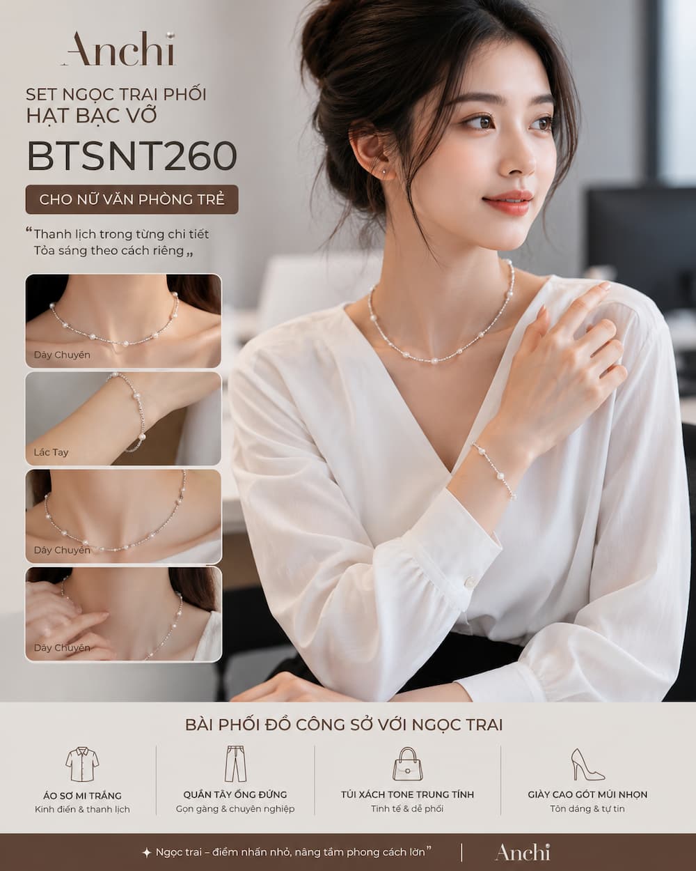 Set Ngọc Trai Phối Hạt Bạc Vỡ BTSNT260 cho nữ văn phòng trẻ