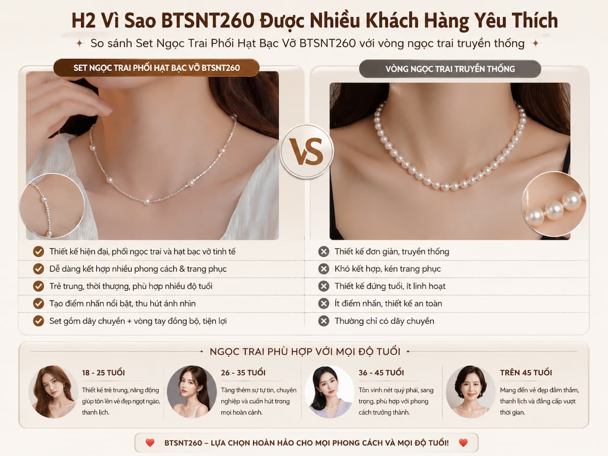 So sánh Set Ngọc Trai Phối Hạt Bạc Vỡ BTSNT260 với vòng ngọc trai truyền thống
