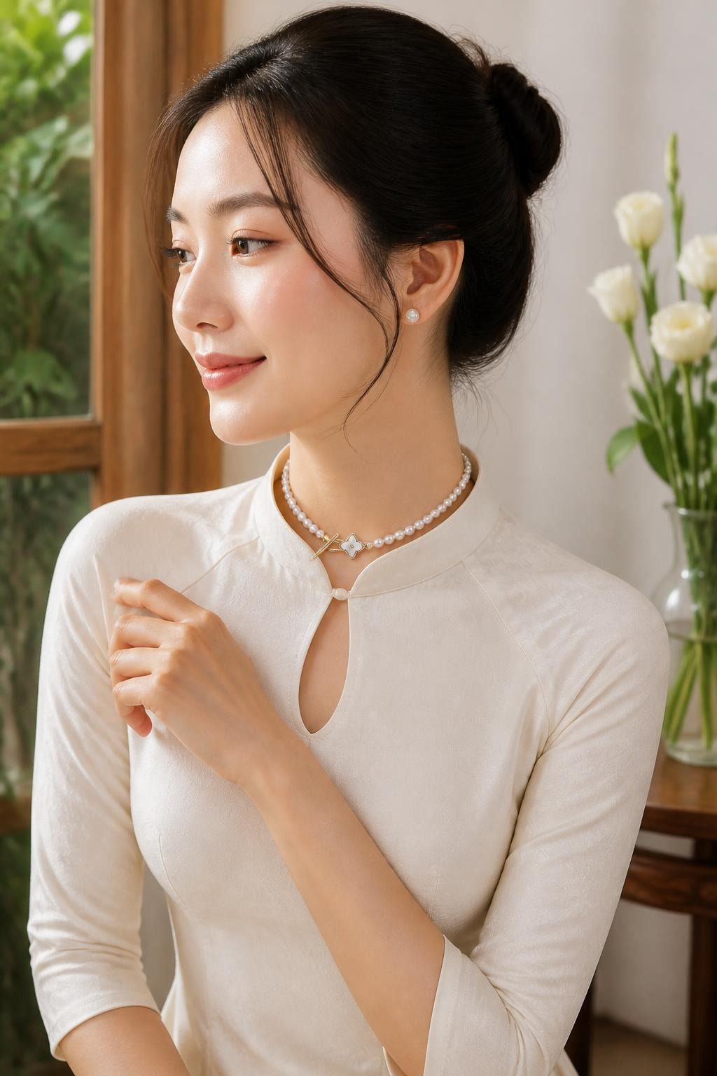 Vòng cổ ngọc trai dáng gạo BTSNT262 phối cùng áo dài cách tân có đường cổ phù hợp với kiểu choker 40 cm