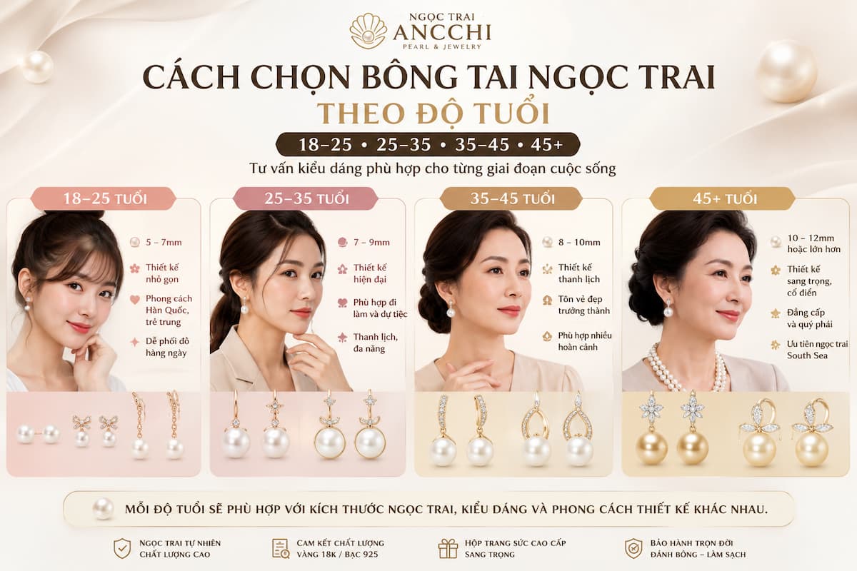 Cách chọn bông tai ngọc trai phù hợp theo độ tuổi từ 20 đến 50 tuổi