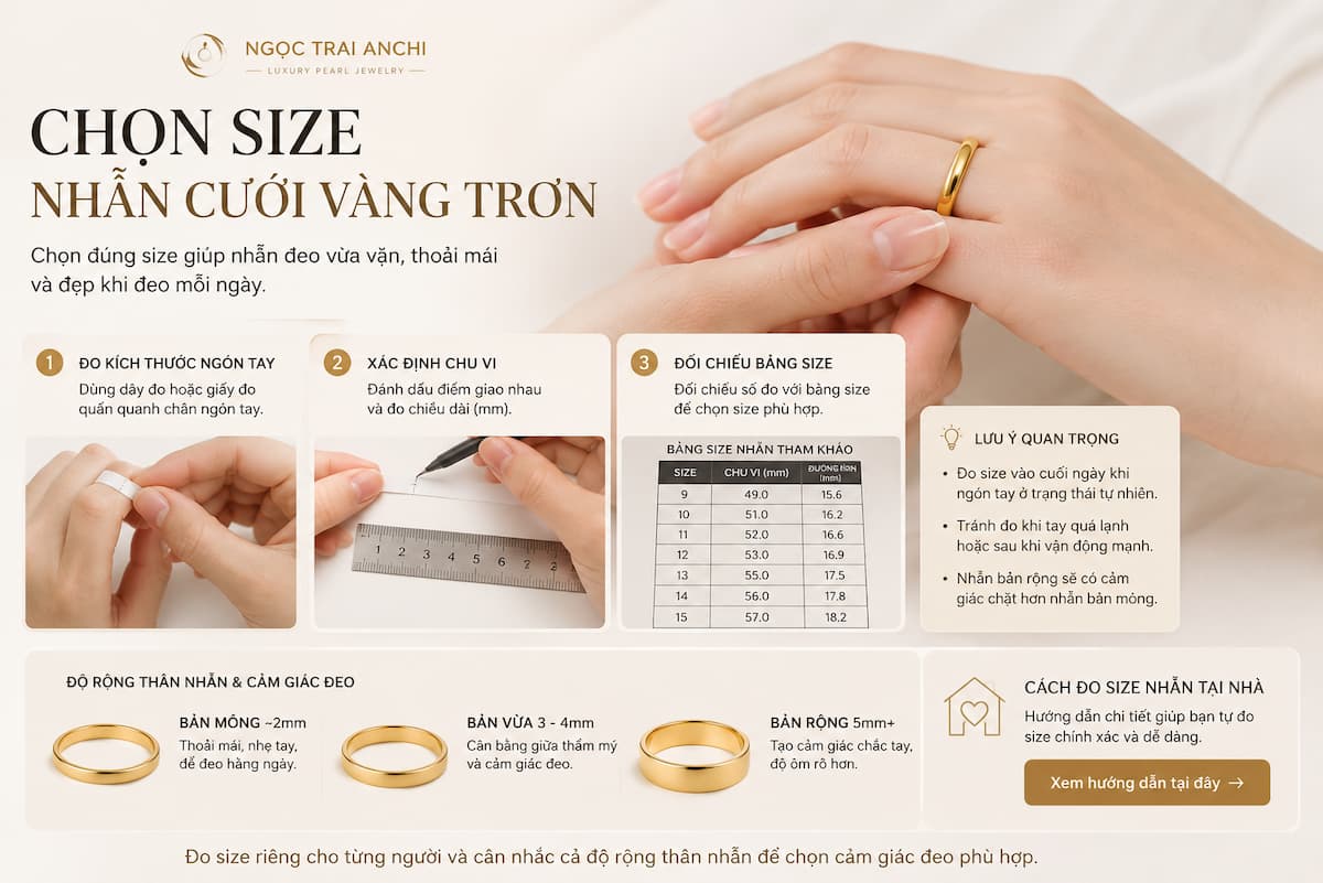 Cách chọn size nhẫn cưới vàng trơn dựa trên kích thước ngón tay
