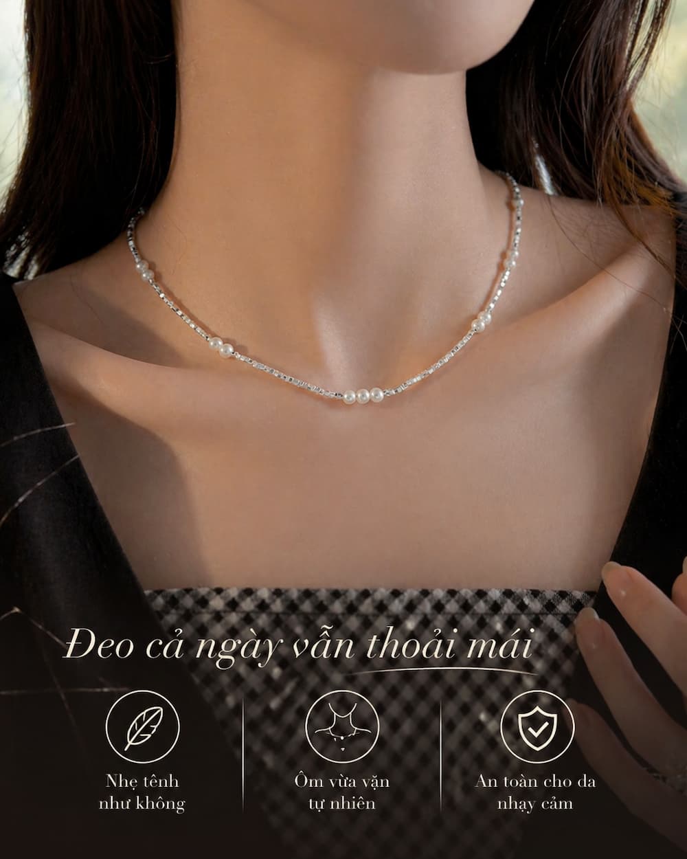 Cảm giác đeo nhẹ cổ của vòng ngọc trai VCNT188 khi sử dụng hàng ngày