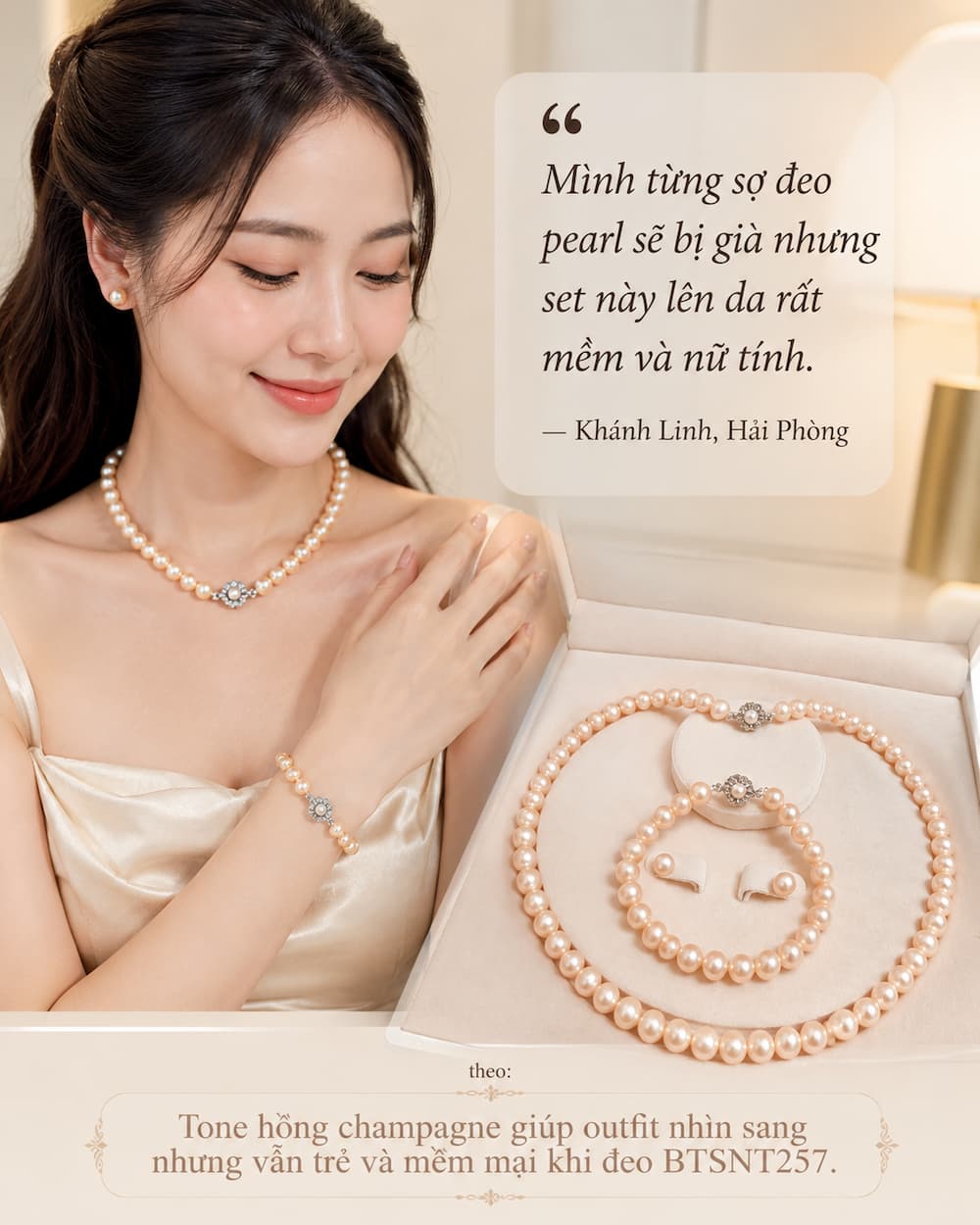 Khách hàng đeo Bộ Trang Sức Ngọc Trai Màu Hồng BTSNT257 với tone hồng champagne ánh kem giúp da nhìn sáng, mềm và nữ tính hơn