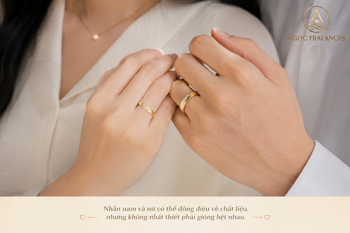 Cặp đôi đeo nhẫn cưới vàng trơn đồng điệu nhưng khác tỷ lệ thân nhẫn