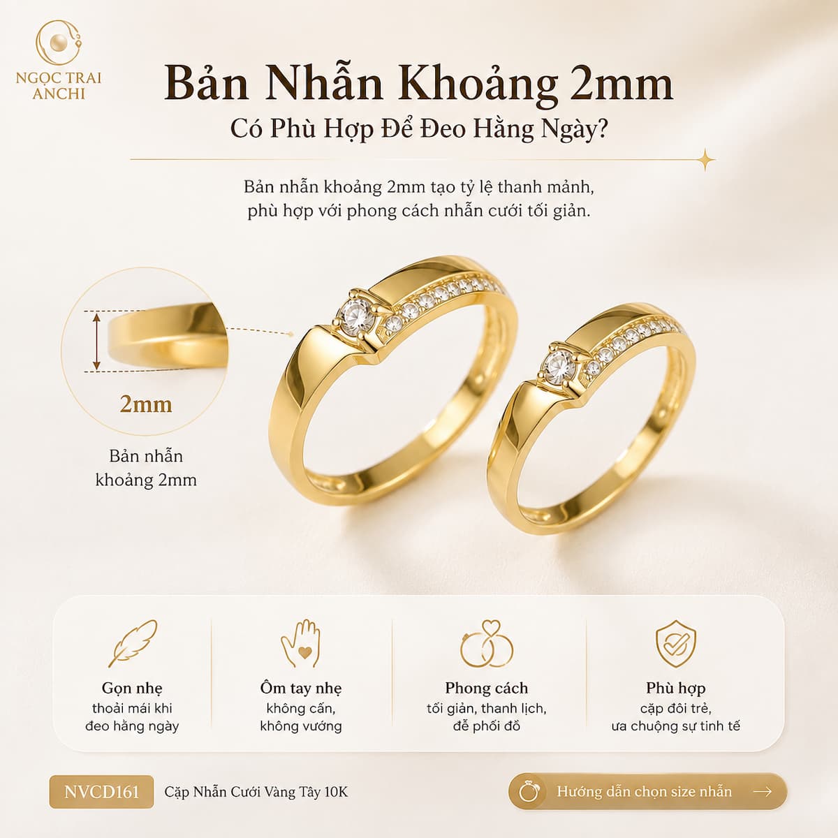 Cặp nhẫn cưới NVCD161 bản nhẫn khoảng 2mm thiết kế gọn và thanh mảnh