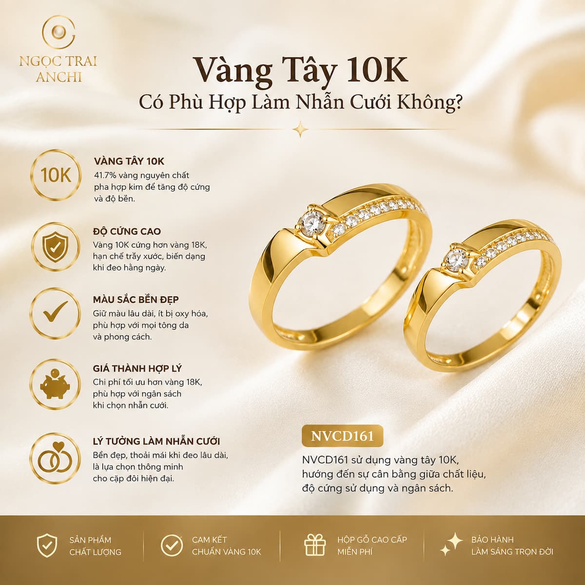 Cặp nhẫn cưới NVCD161 chế tác từ vàng tây 10K cho nhu cầu đeo thường xuyên
