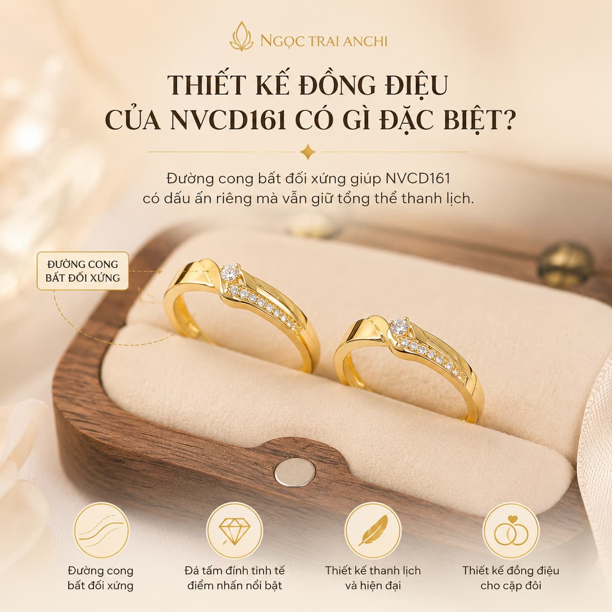 Cặp nhẫn cưới NVCD161 với đường cong bất đối xứng tạo điểm nhấn trên bề mặt