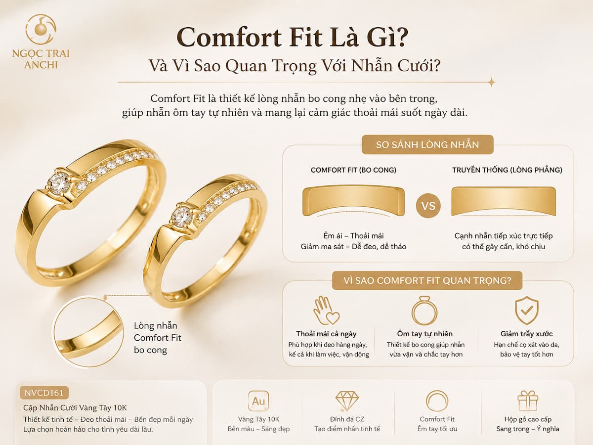Cặp nhẫn cưới vàng tây 10K NVCD161 với lòng nhẫn Comfort Fit bo cong