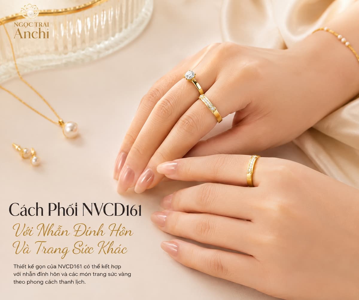 Cặp nhẫn cưới NVCD161 phối cùng nhẫn đính hôn và trang sức vàng