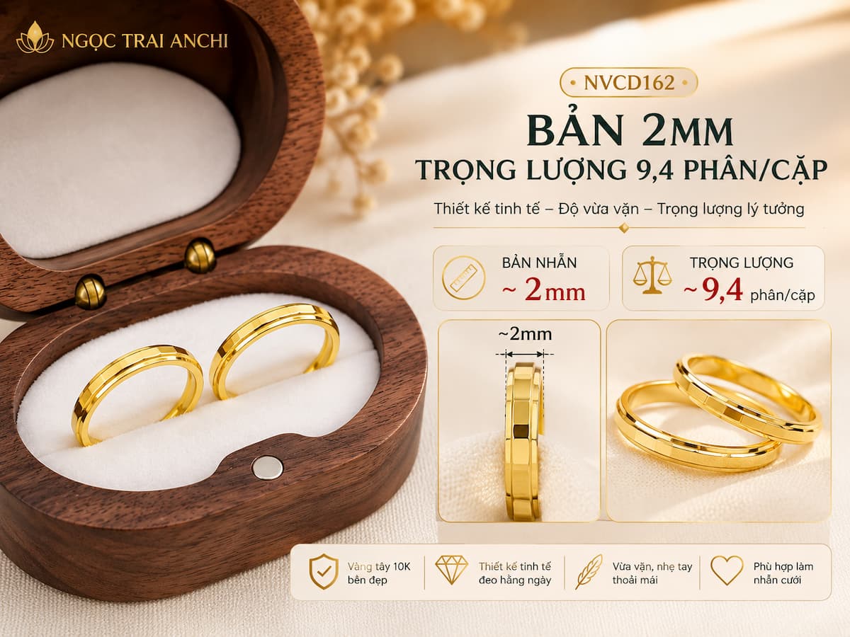 Cặp nhẫn cưới vàng tây 10K NVCD162 bản 2mm và trọng lượng tham khảo 9,4 phân/cặp
