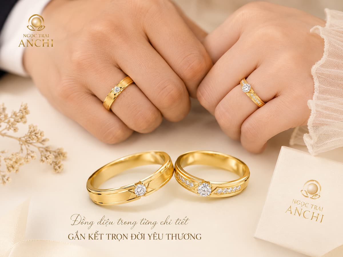Cặp nhẫn cưới vàng đính đá nam nữ đồng điệu về chất liệu và thiết kế
