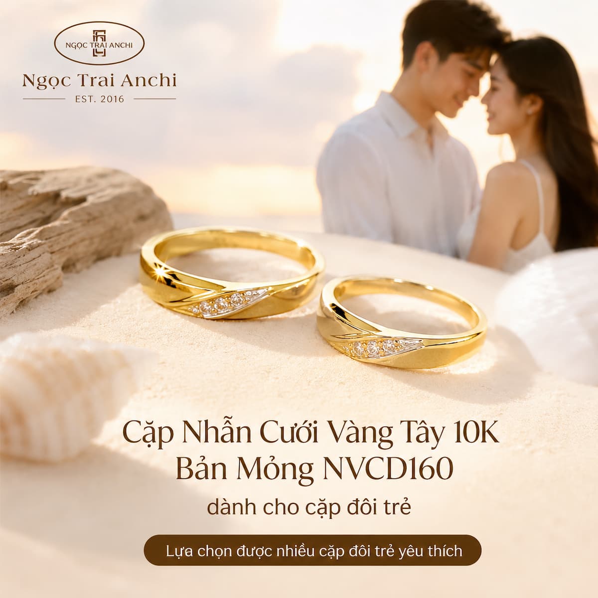 Cặp Nhẫn Cưới Vàng Tây 10K Bản Mỏng NVCD160 dành cho cặp đôi trẻ