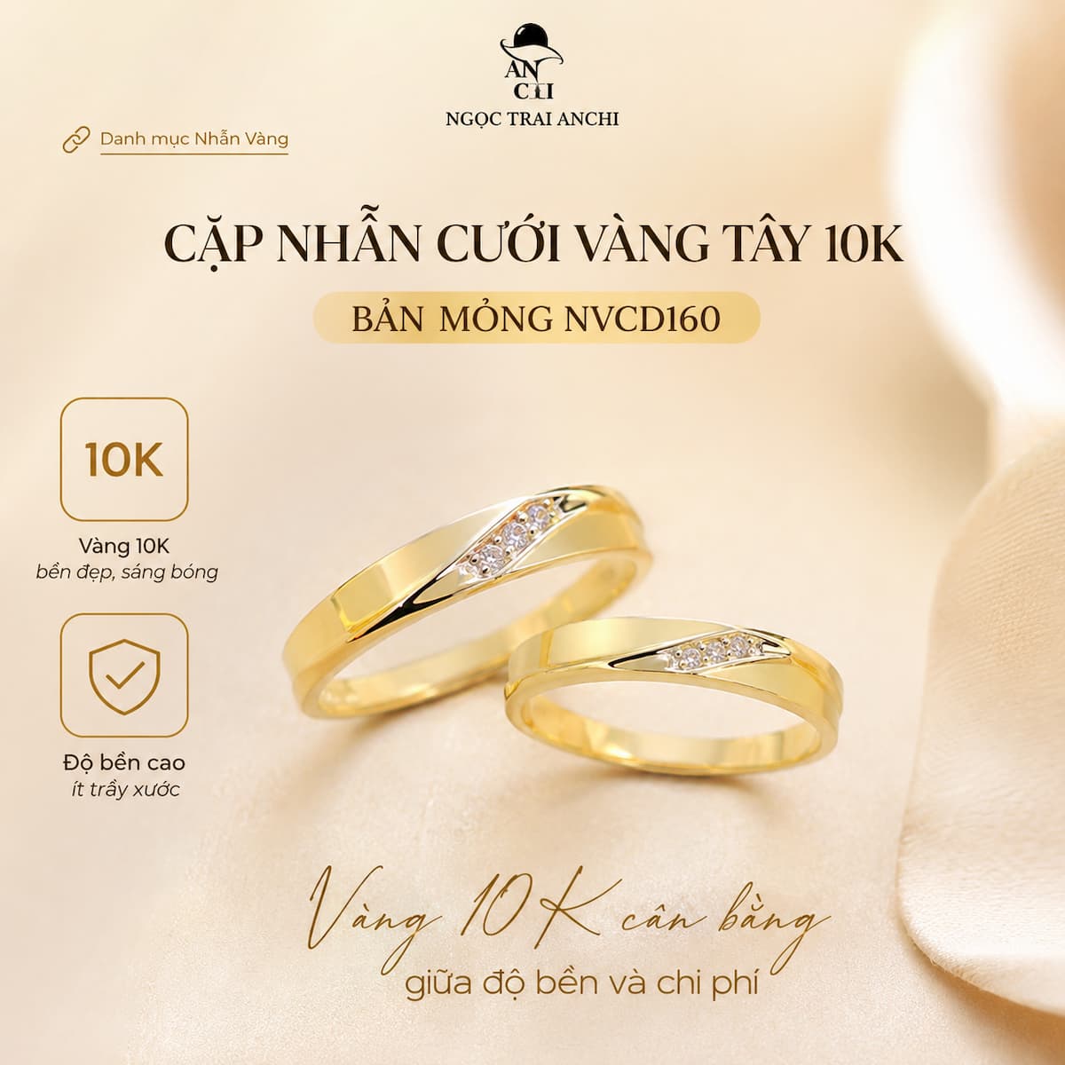 Chất liệu vàng tây trên Cặp Nhẫn Cưới Vàng Tây 10K Bản Mỏng NVCD160