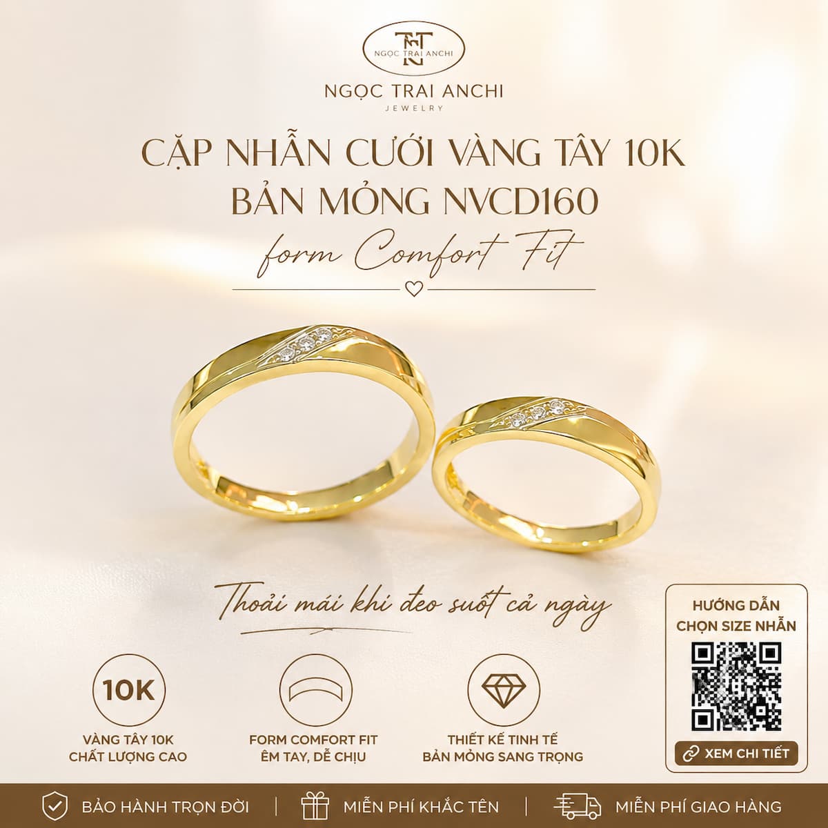 Cặp Nhẫn Cưới Vàng Tây 10K Bản Mỏng NVCD160 form Comfort Fit