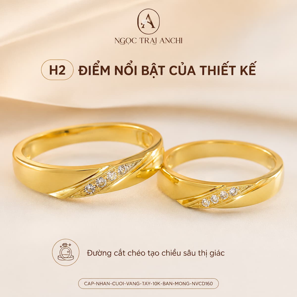 Đường cắt chéo trên Cặp Nhẫn Cưới Vàng Tây 10K Bản Mỏng NVCD160