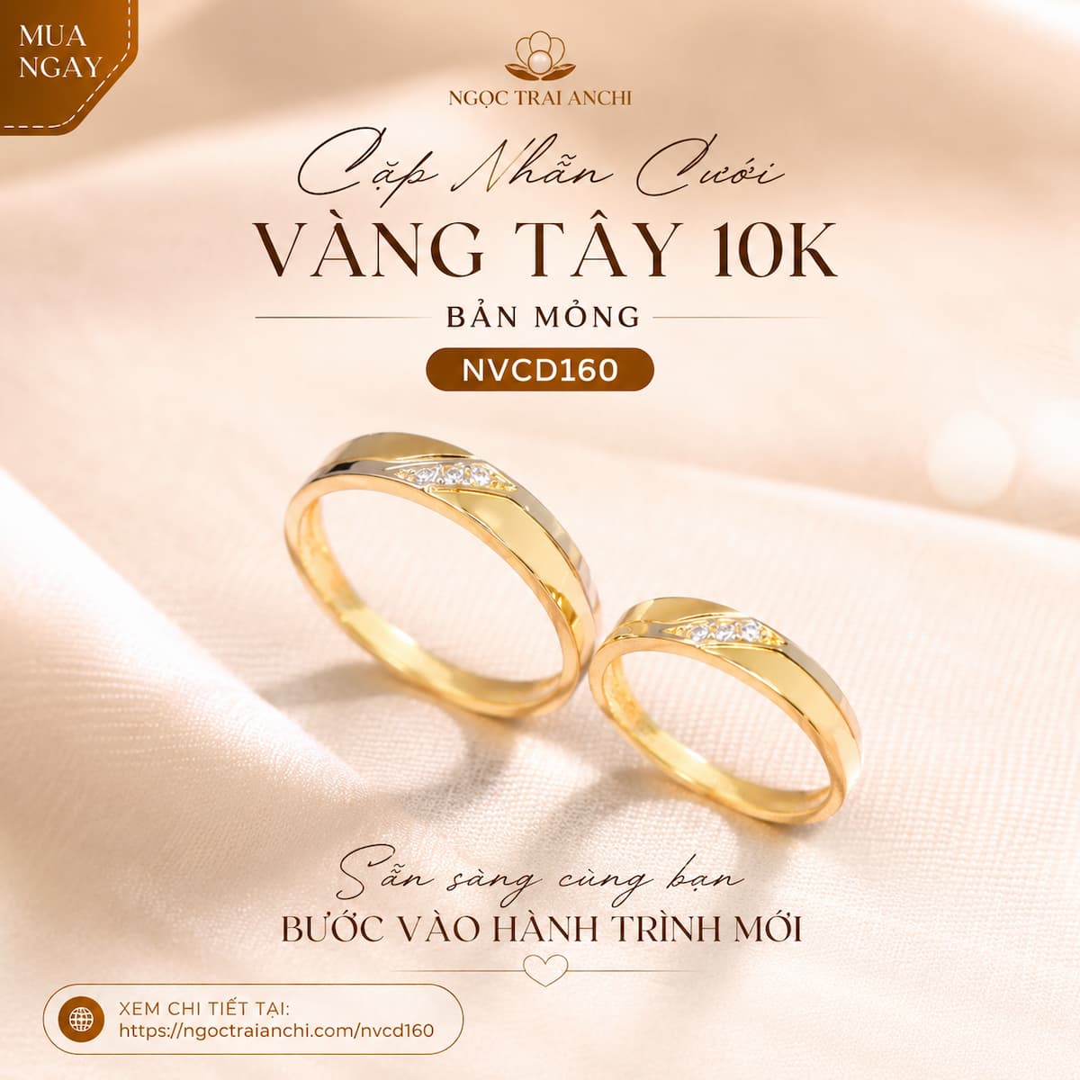 Cặp Nhẫn Cưới Vàng Tây 10K Bản Mỏng NVCD160 sẵn sàng cho ngày cưới