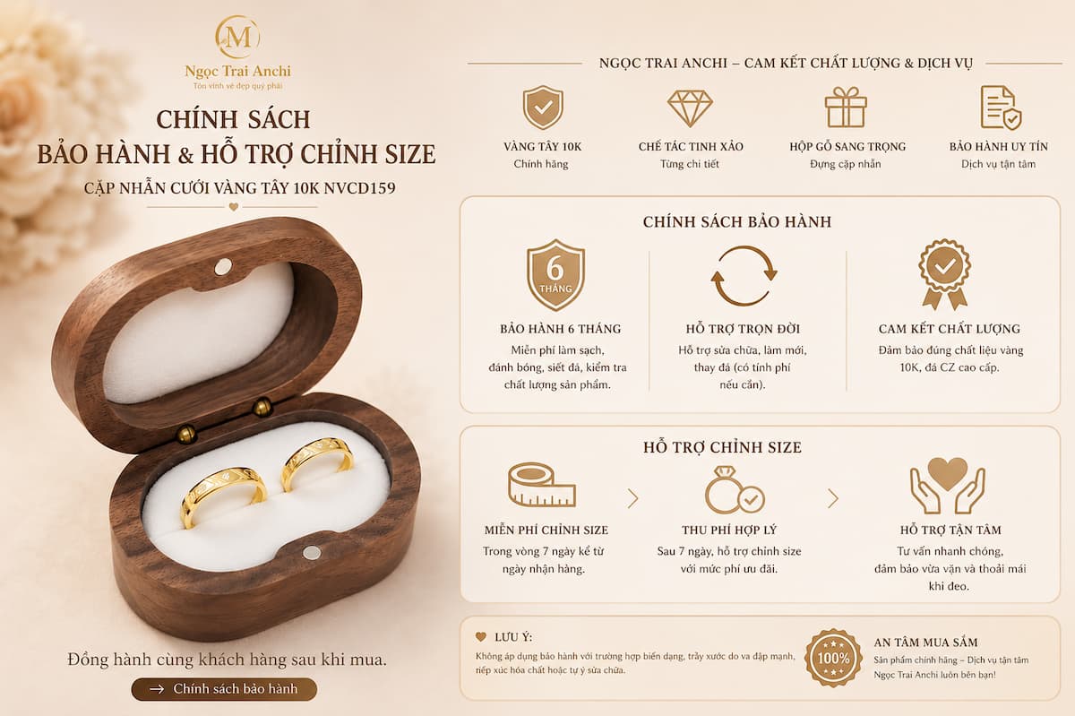 Chính sách bảo hành và hỗ trợ chỉnh size cho Cặp Nhẫn Cưới Vàng Tây 10K NVCD159