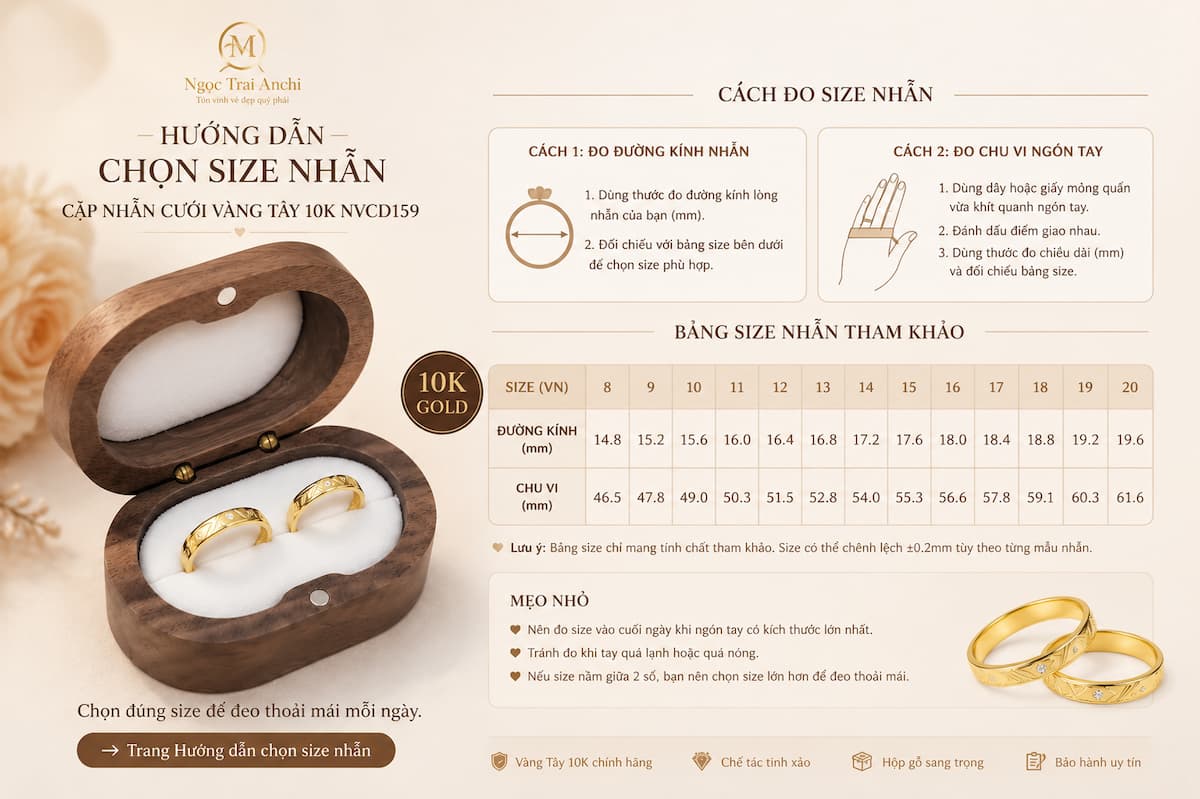 Hướng dẫn chọn size cho Cặp Nhẫn Cưới Vàng Tây 10K NVCD159