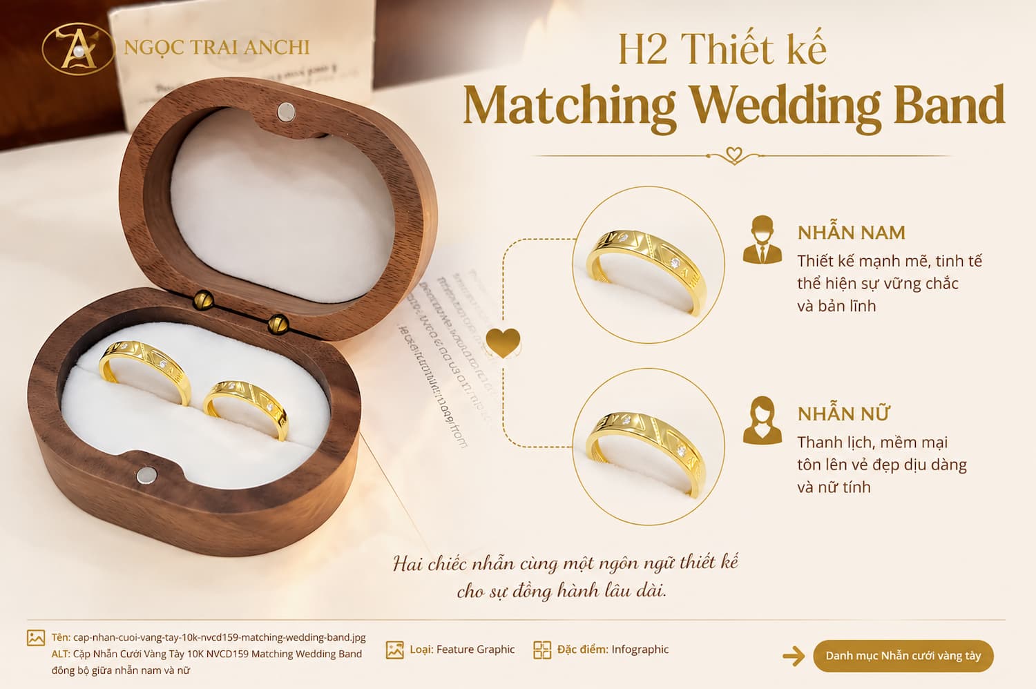 Cặp Nhẫn Cưới Vàng Tây 10K NVCD159 Matching Wedding Band đồng bộ giữa nhẫn nam và nữ