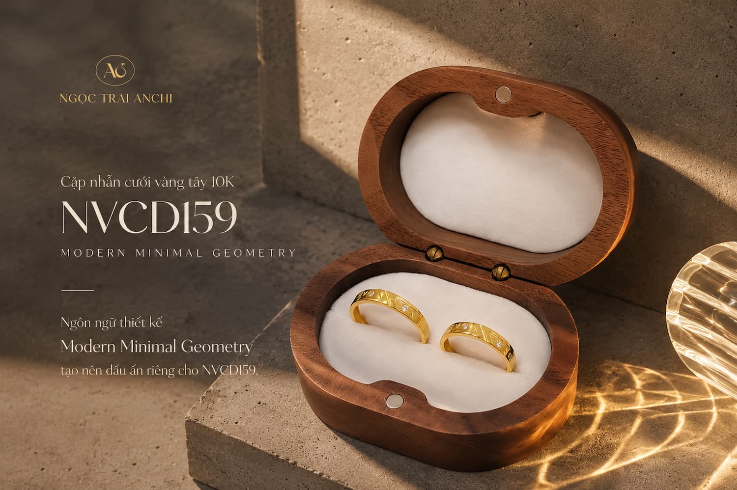 Cặp Nhẫn Cưới Vàng Tây 10K NVCD159 phong cách Modern Minimal Geometry với đường cắt hình học hiện đại