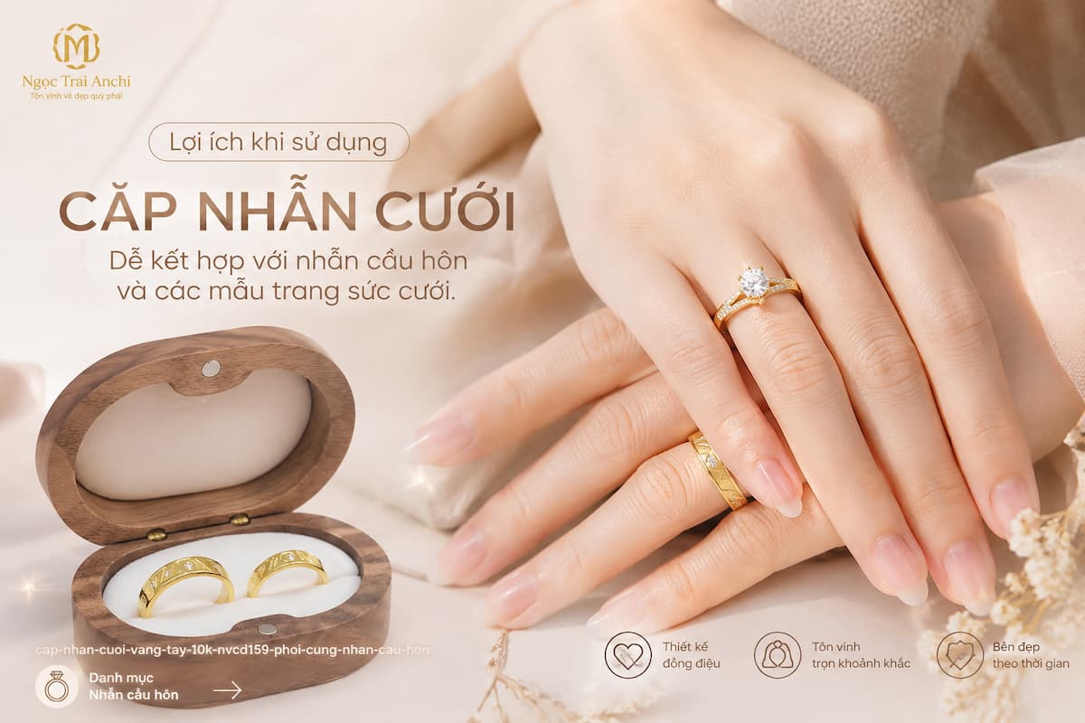 Cặp Nhẫn Cưới Vàng Tây 10K NVCD159 phối cùng nhẫn cầu hôn tạo bộ trang sức cưới hoàn chỉnh