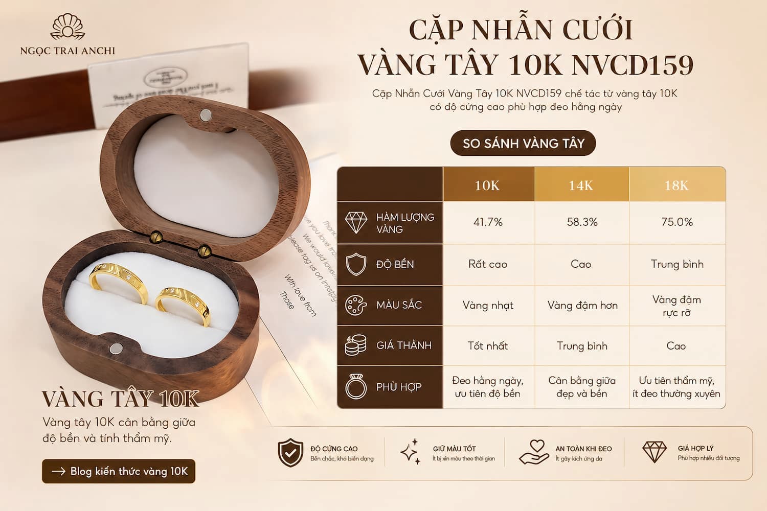 Cặp Nhẫn Cưới Vàng Tây 10K NVCD159 chế tác từ vàng tây 10K có độ cứng cao phù hợp đeo hằng ngày