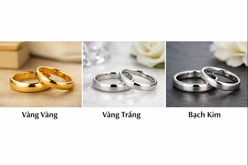 Các chất liệu nhẫn cưới phổ biến như vàng vàng, vàng trắng và bạch kim