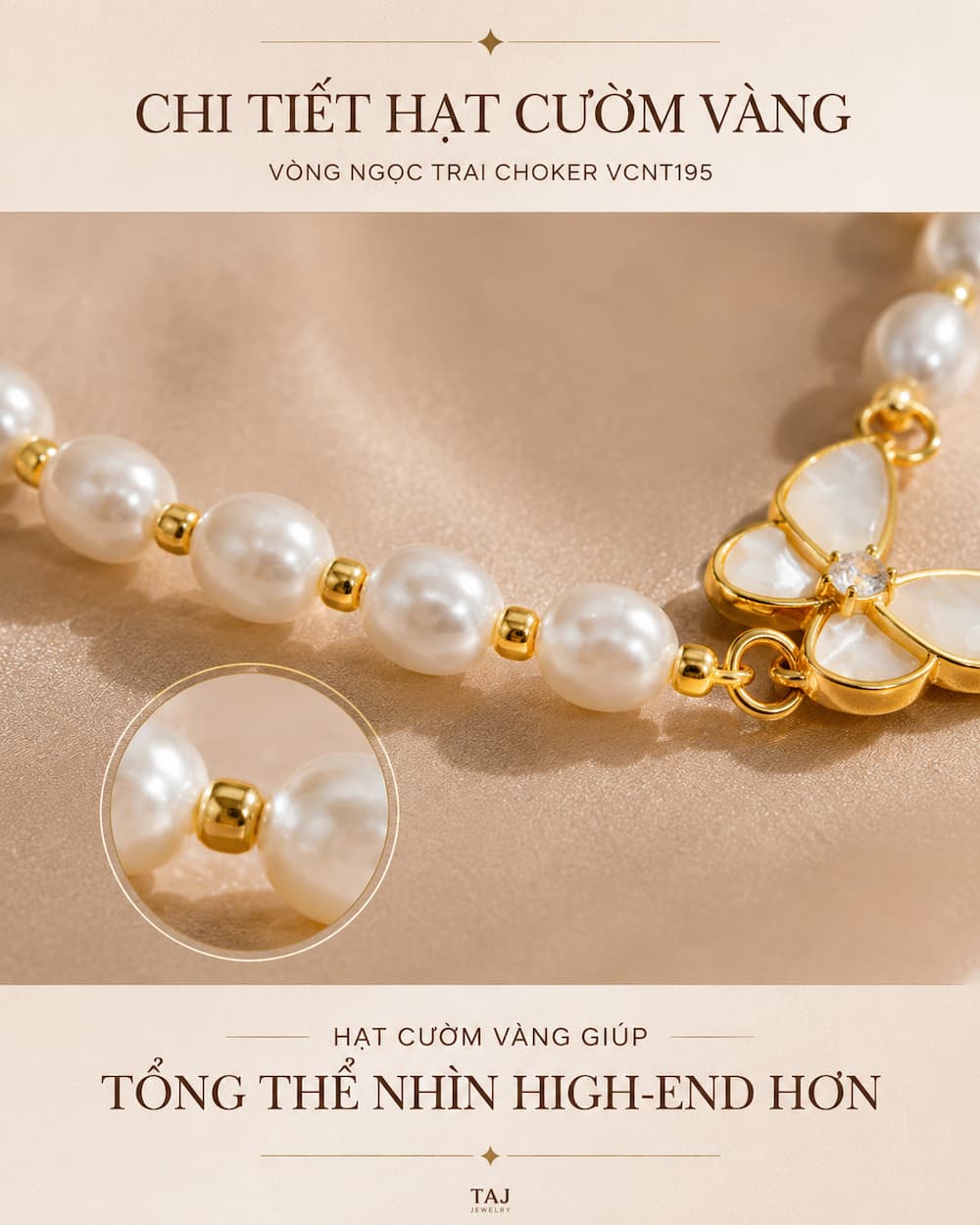 Chi tiết bead vàng trên vòng cổ ngọc trai choker VCNT195
