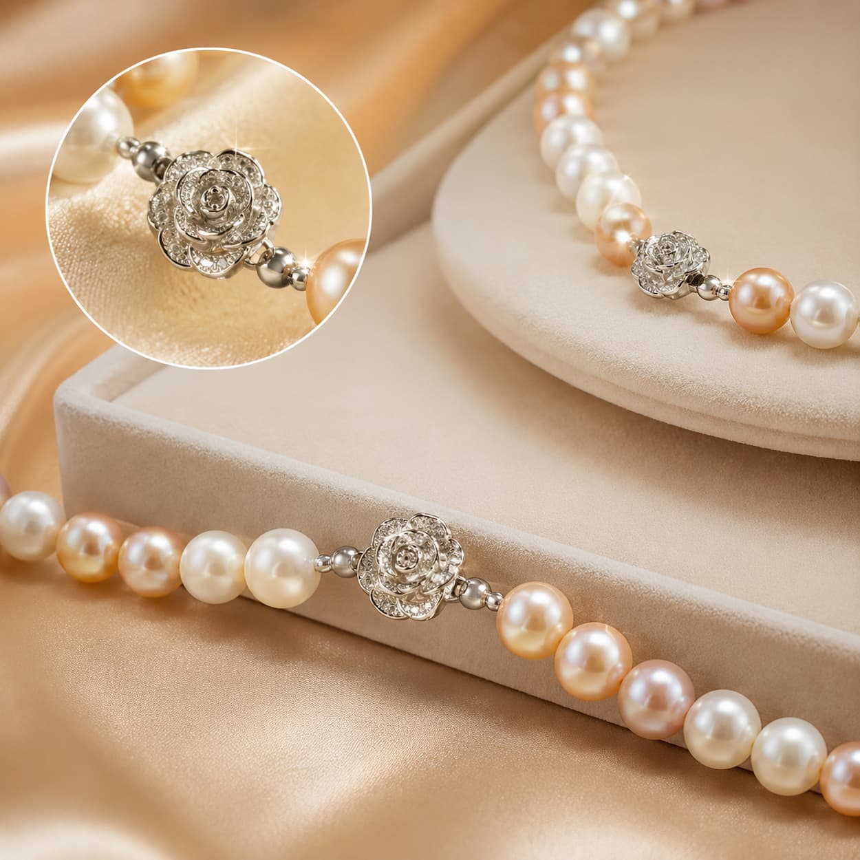 Khóa hoa hồng romantic luxury trên bộ trang sức ngọc trai BTSNT251