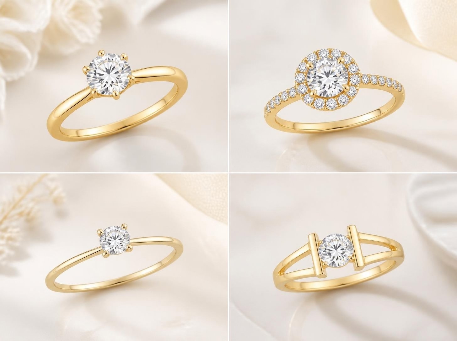 So sánh nhẫn cầu hôn vàng 10K Solitaire Halo tối giản và hiện đại