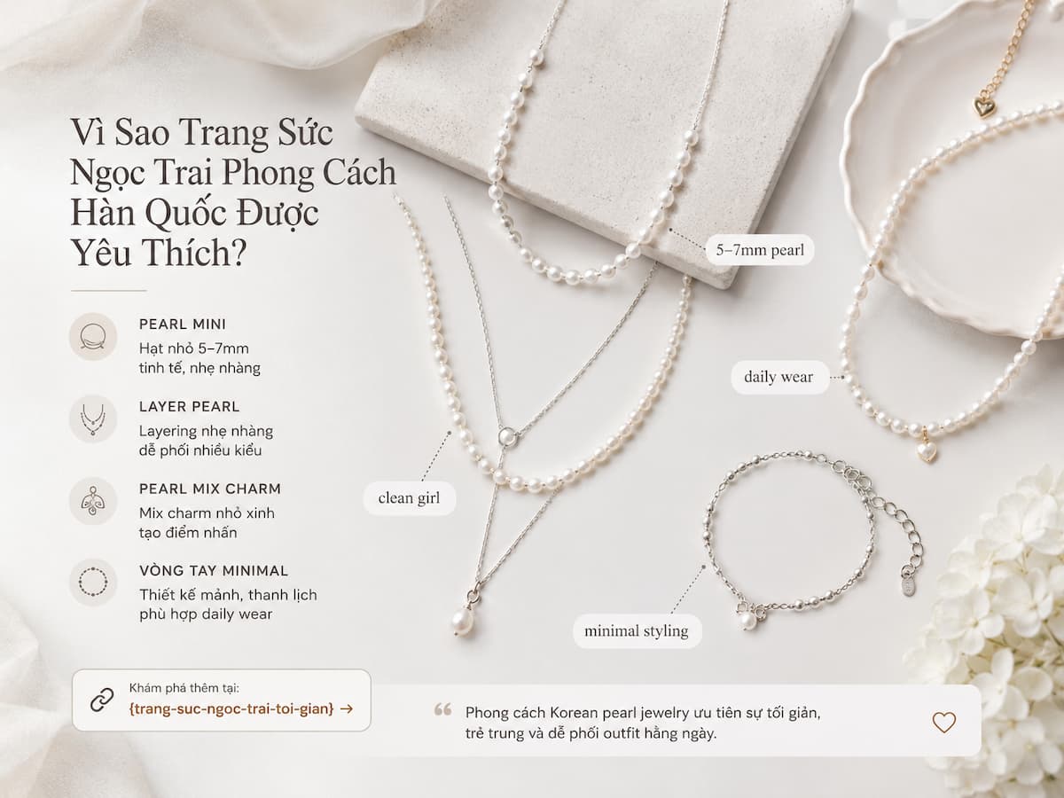 đặc trưng trang sức ngọc trai phong cách Hàn Quốc với pearl nhỏ dây mảnh và layering nhẹ