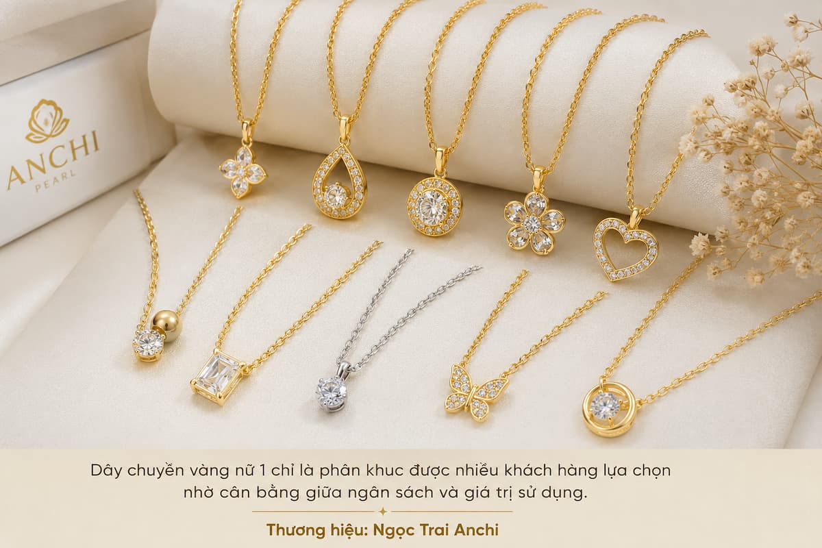 Các mẫu dây chuyền vàng nữ 1 chỉ phổ biến gồm vàng 18K vàng trắng và mặt đá